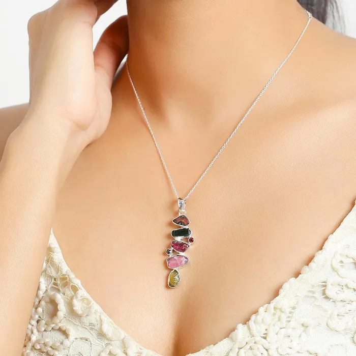 Rough Tourmaline Solid 925 Sterling Silver Pendant Necklace YoTreasure Necklaces