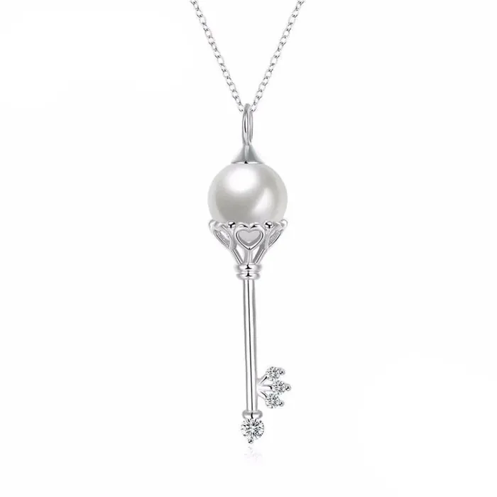Solid Womens 925 Sterling Silver Necklace with Key Design Simulated Pearl Pendant Trendy Fashion Jewelry for Girls Personalized Jewel Necklaces Solid Womens 925 Sterling Silver Necklace with Key Design Simulated Pearl Pendant Trendy Fashion Jewelry for Girls Personalized Jewel Necklaces