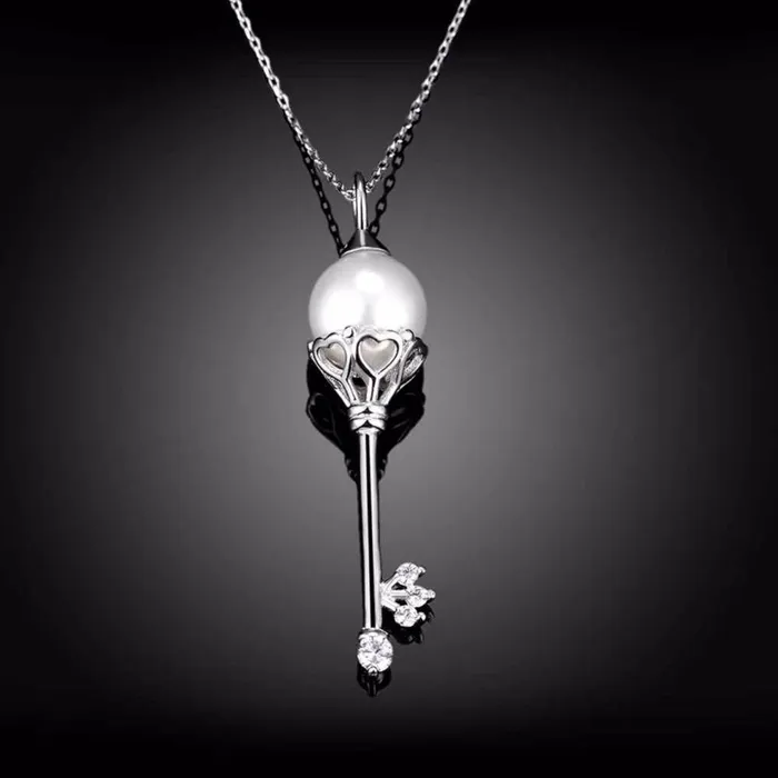 Solid Womens 925 Sterling Silver Necklace with Key Design Simulated Pearl Pendant Trendy Fashion Jewelry for Girls Personalized Jewel Necklaces