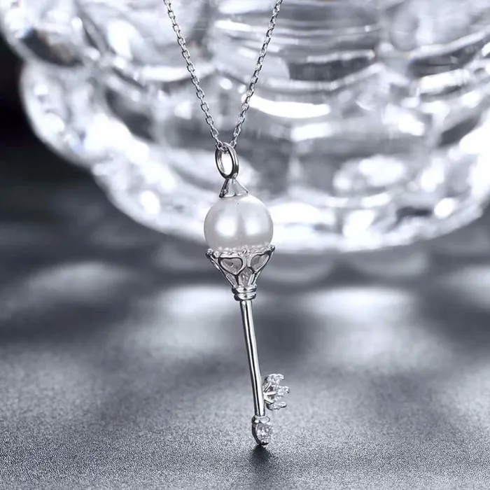 Solid Womens 925 Sterling Silver Necklace with Key Design Simulated Pearl Pendant Trendy Fashion Jewelry for Girls Personalized Jewel Necklaces