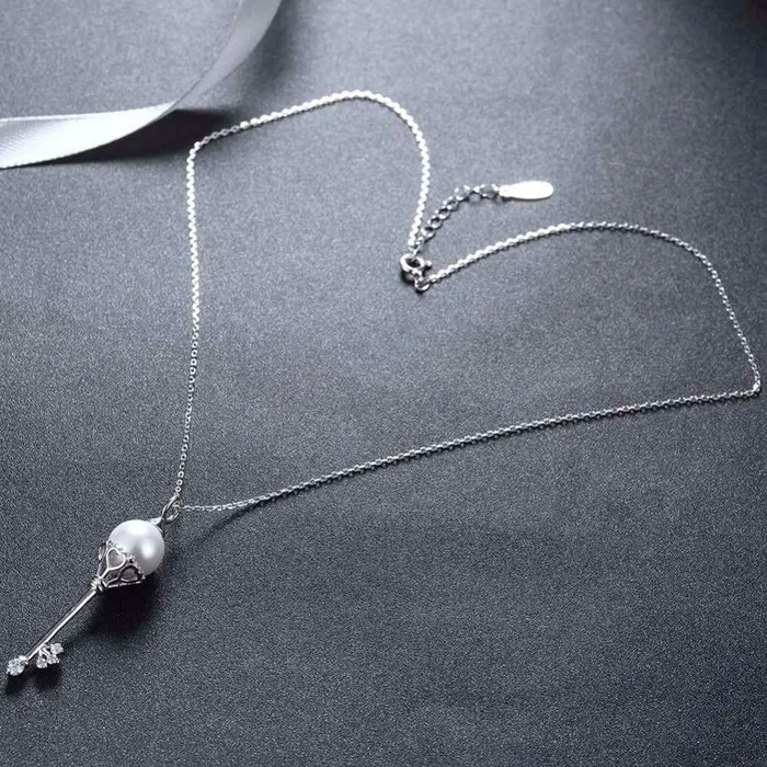 Solid Womens 925 Sterling Silver Necklace with Key Design Simulated Pearl Pendant Trendy Fashion Jewelry for Girls Personalized Jewel Necklaces