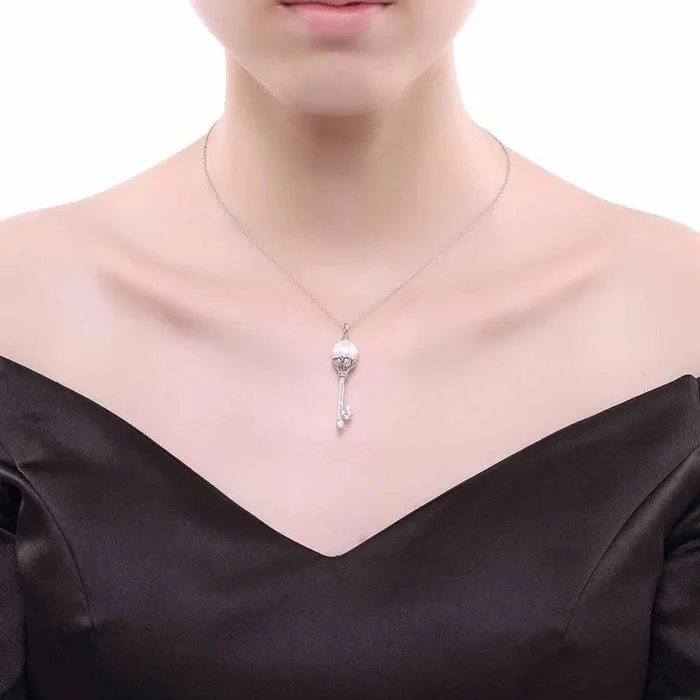 Solid Womens 925 Sterling Silver Necklace with Key Design Simulated Pearl Pendant Trendy Fashion Jewelry for Girls Personalized Jewel Necklaces