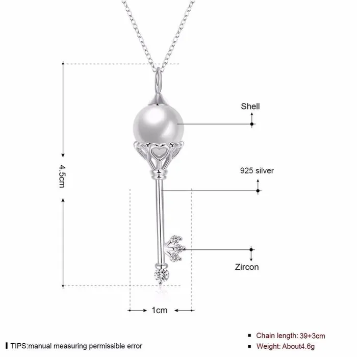 Solid Womens 925 Sterling Silver Necklace with Key Design Simulated Pearl Pendant Trendy Fashion Jewelry for Girls Personalized Jewel Necklaces