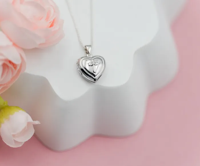Sterling Silver Childrens Heart Locket with Cross and White Sapphire Cherished Moments Rings