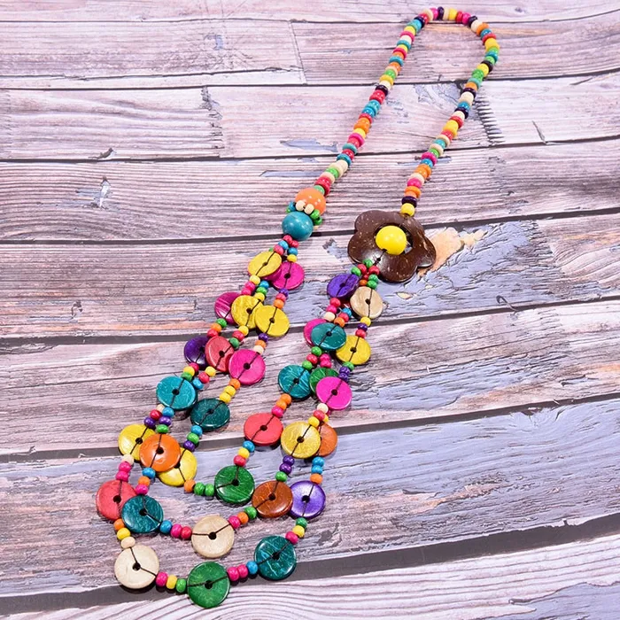 Sweet T 52 Necklaces Bohemian MultiLayer Handmade Wood Long Necklace For Women Girls Big Flower Collar Colorful Bead Pendant Jewelry