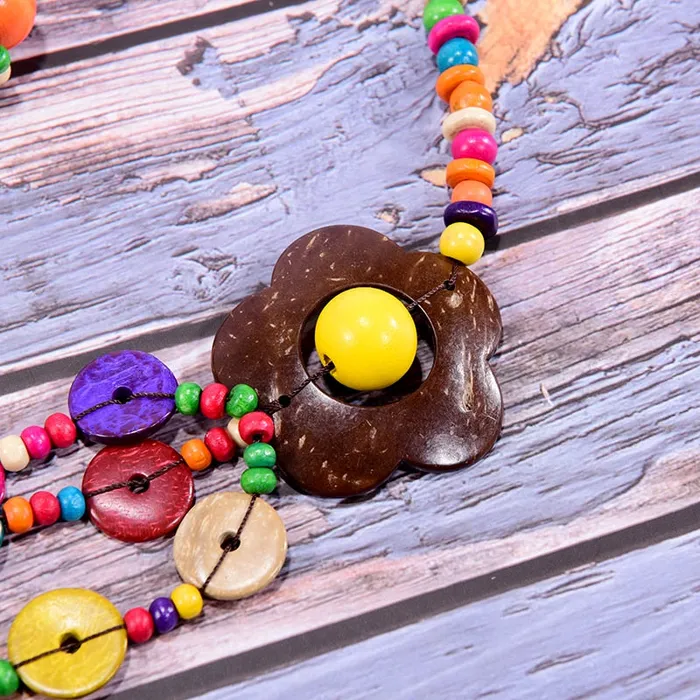 Sweet T 52 Necklaces Bohemian MultiLayer Handmade Wood Long Necklace For Women Girls Big Flower Collar Colorful Bead Pendant Jewelry