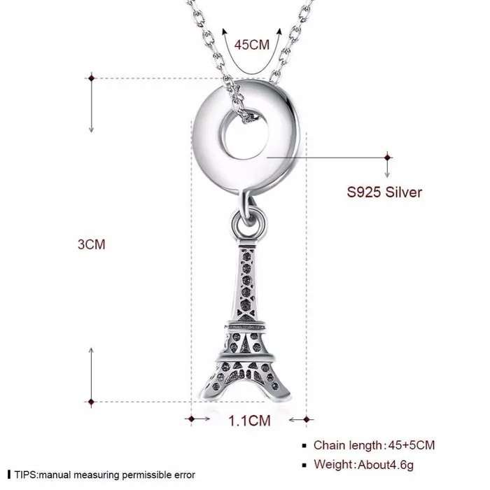 Womens 925 Sterling Silver Solid Necklace with Eiffel Tower Design Pendant Fashion Jewelry for Ladies Personalized Jewel Necklaces