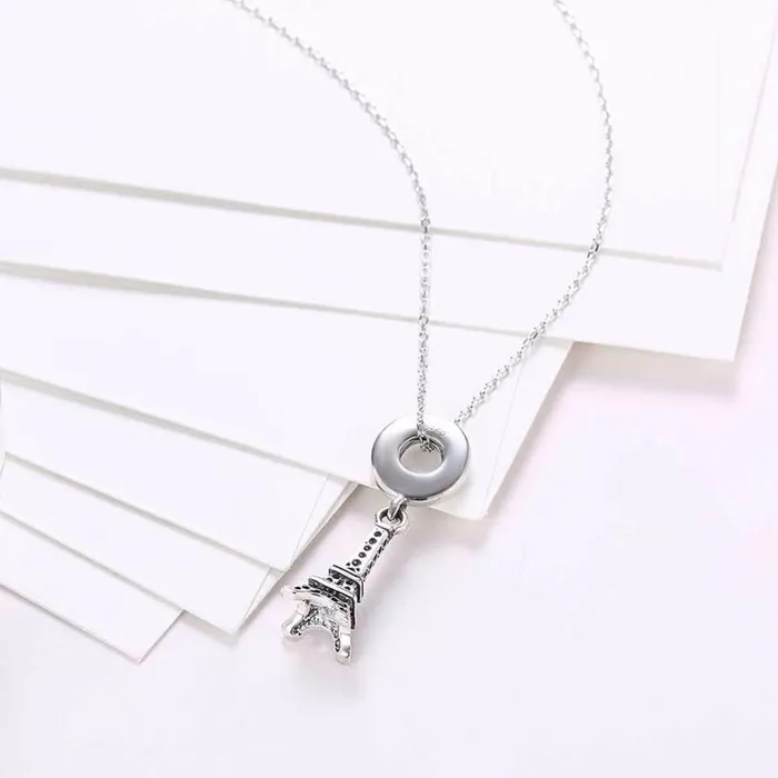 Womens 925 Sterling Silver Solid Necklace with Eiffel Tower Design Pendant Fashion Jewelry for Ladies Personalized Jewel Necklaces