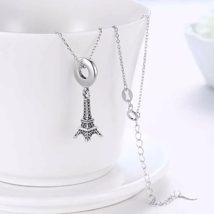 Womens 925 Sterling Silver Solid Necklace with Eiffel Tower Design Pendant Fashion Jewelry for Ladies Personalized Jewel Necklaces