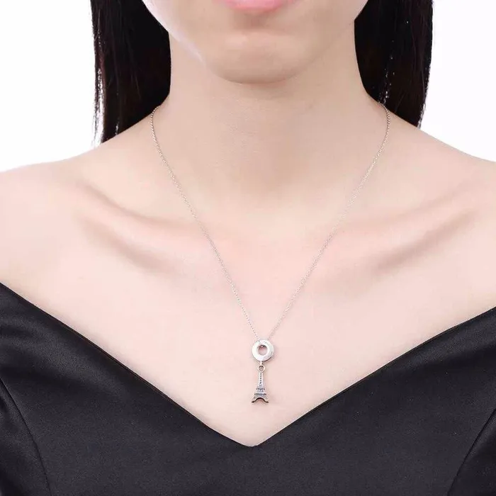 Womens 925 Sterling Silver Solid Necklace with Eiffel Tower Design Pendant Fashion Jewelry for Ladies Personalized Jewel Necklaces