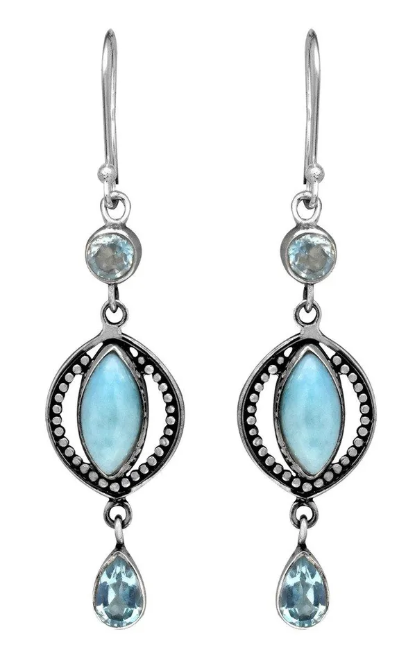YoTreasure Earrings Natural Larimar Blue Topaz Solid 925 Sterling Silver Dangle Earrings Jewelry
