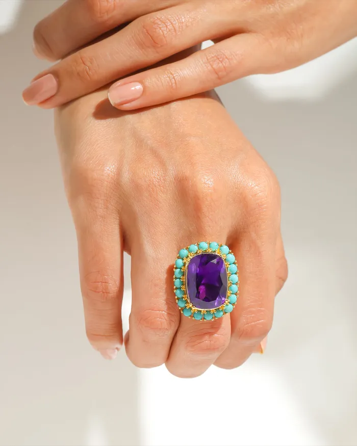 YoTreasure Rings African Amethyst Blue Mohave Turquoise Statement Ring Solid 14K Gold Over 925 Sterling Silver Jewelry