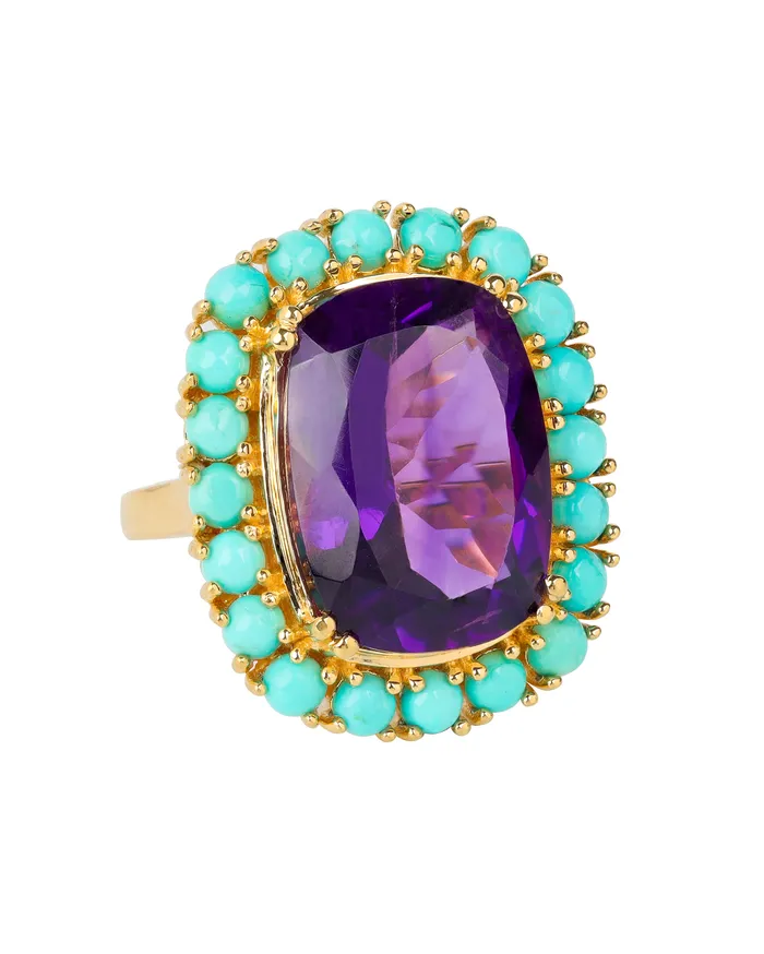 YoTreasure Rings African Amethyst Blue Mohave Turquoise Statement Ring Solid 14K Gold Over 925 Sterling Silver Jewelry