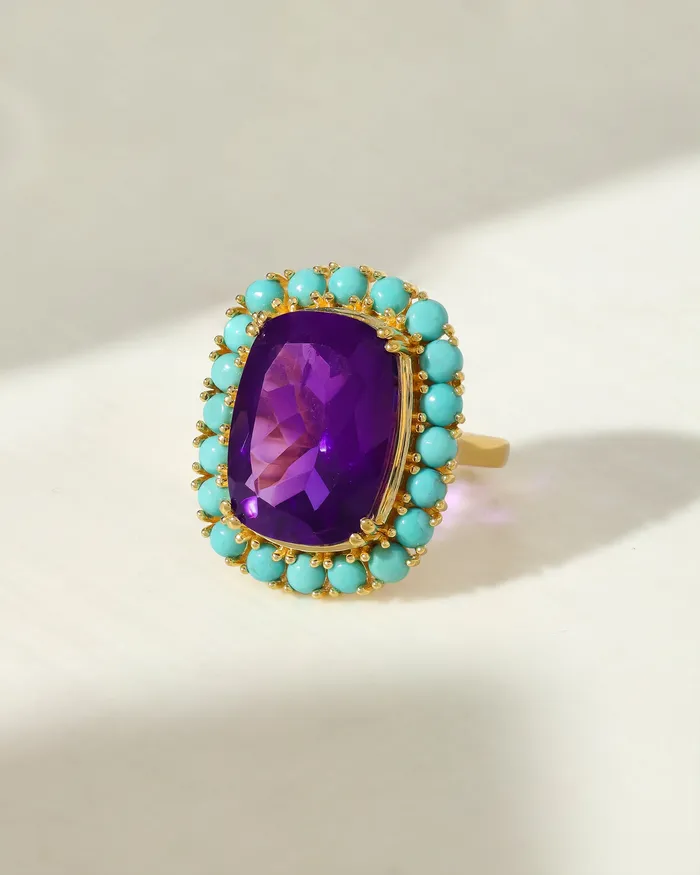 YoTreasure Rings African Amethyst Blue Mohave Turquoise Statement Ring Solid 14K Gold Over 925 Sterling Silver Jewelry