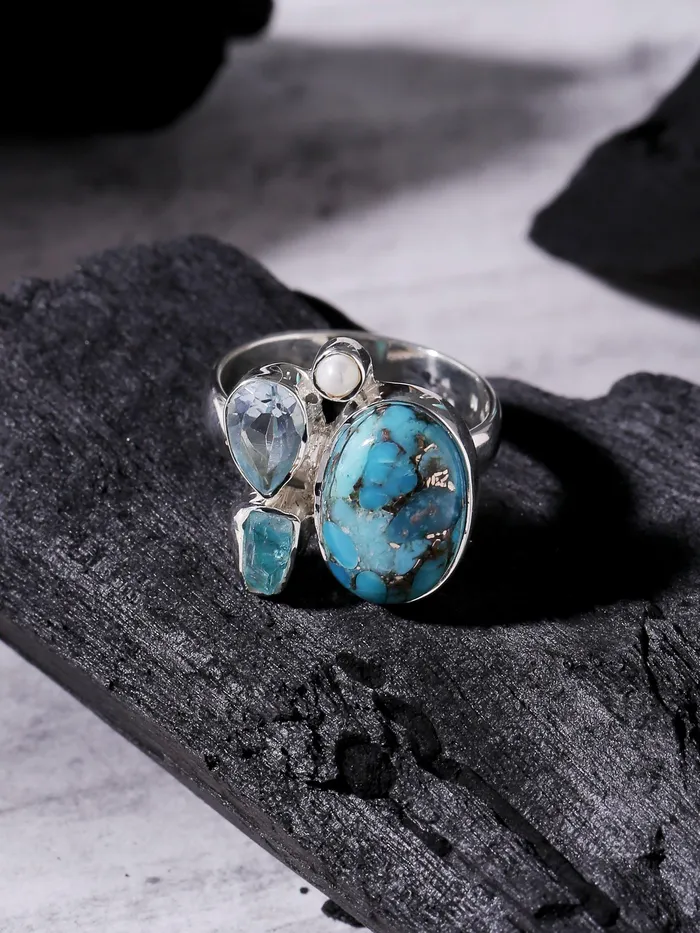 YoTreasure Rings Blue Copper Turquoise Solid 925 Sterling Silver Ring Jewelry YoTreasure Rings Blue Copper Turquoise Solid 925 Sterling Silver Ring Jewelry