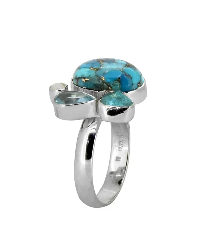 YoTreasure Rings Blue Copper Turquoise Solid 925 Sterling Silver Ring Jewelry