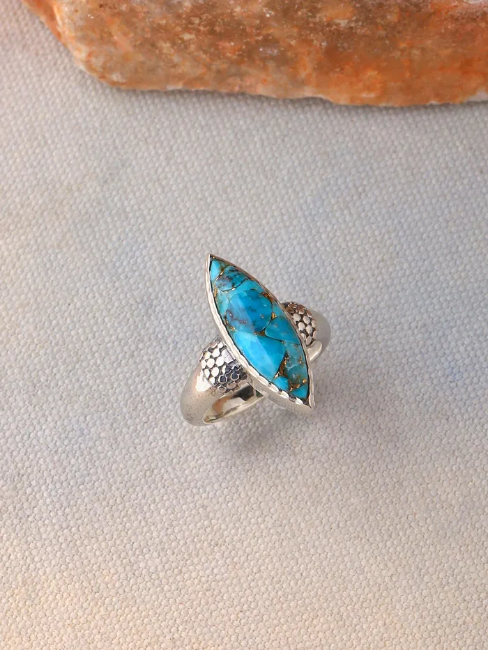 YoTreasure Rings Blue Copper Turquoise Solid 925 Sterling Silver Ring Jewelry