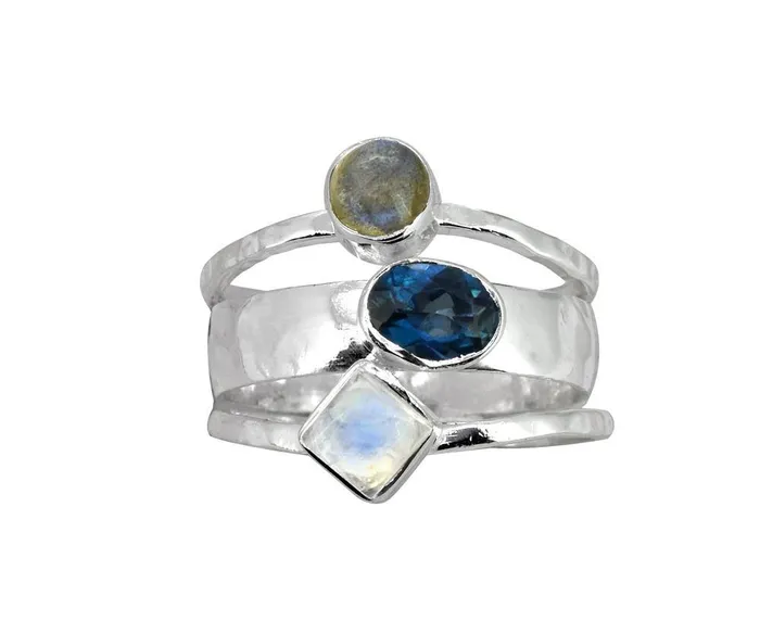 YoTreasure Rings London Blue Topaz Moonstone Labradorite 925 Sterling Silver Ring
